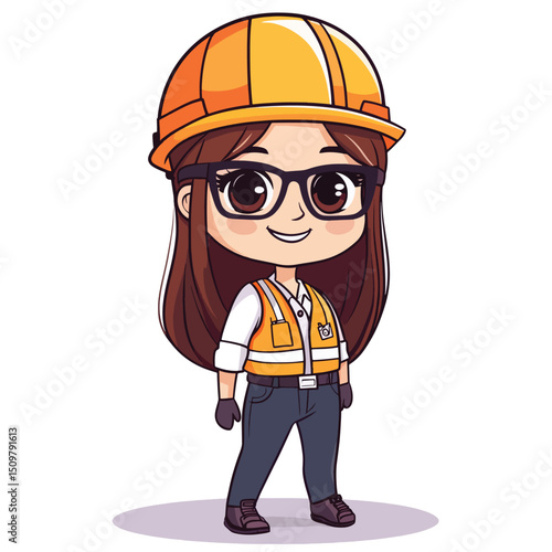Cheerful Cartoon Engineer Girl in Safety Gear (1)