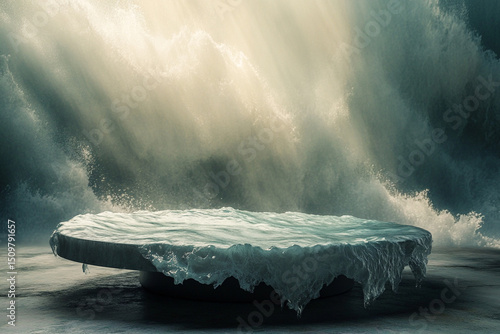 Surreal wave pedestal in dreamy light composition