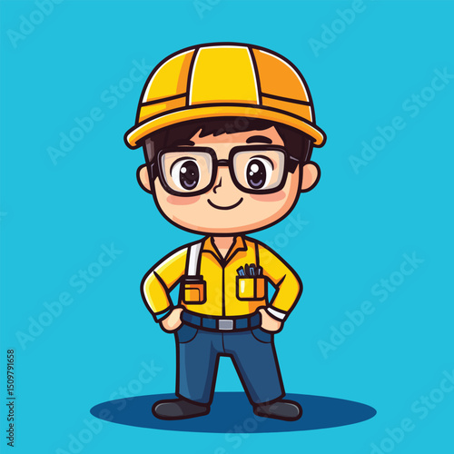 Cheerful Cartoon Engineer in Yellow Hard Hat