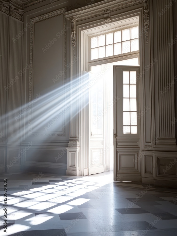 Obraz premium Sunlight streams through an open door