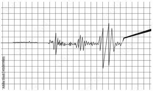 Seismogram graph line vector, black ink sketch, capturing earthquake tremor data on grid paper, ideal for geology, seismology, natural disaster infographics.