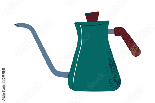 Gooseneck kettle with long thin spout and wooden handle, for precise pour over coffee brewing. Flat cartoon style, vector illustration. Textured iocon for coffee tutorials, branding, and infographics