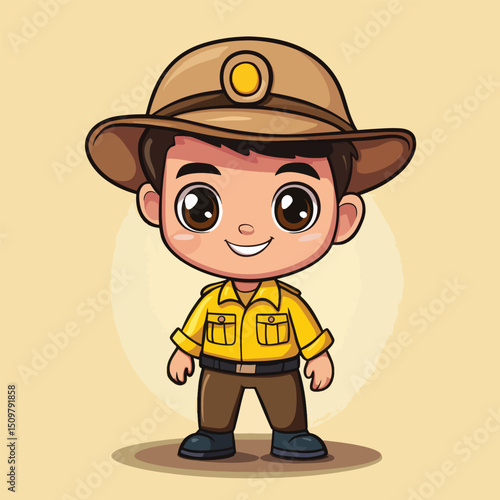Cheerful Cartoon Explorer Wearing a Brown Hat and Yellow Uniform Smiling
