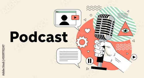 Vector podcast illustration featuring a hand holding a microphone with various graphic elements around it