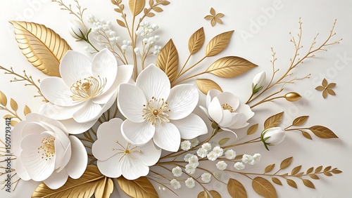 Elegant White Flowers and Golden Leaves on a White Background Perfect for Wedding Invitations and Luxury Design Projects High Quality Render