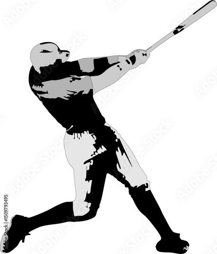 Silhouette of a baseball player hitting the ball in action