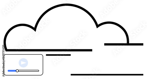 Cloud outline with minimalistic design and media player featuring play button and progress bar. Ideal for technology, digital storage, streaming, media sharing, file hosting, accessibility