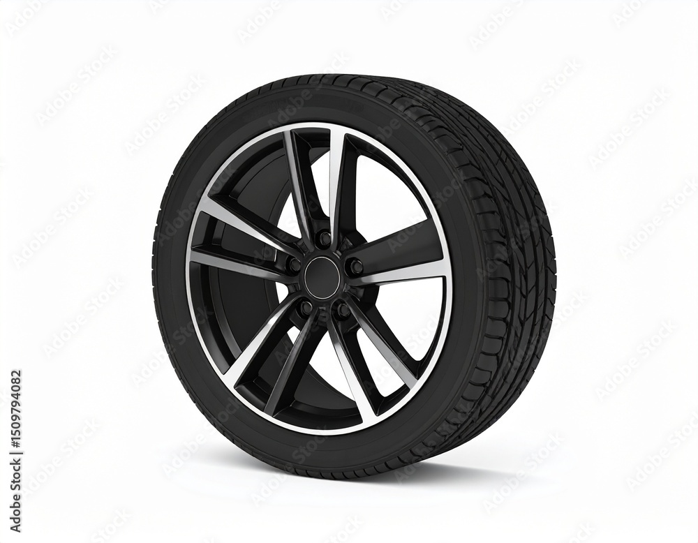 3D rendering of a single car wheel, standing sideways on white background 3D rendering of a single car wheel, standing sideways on white background