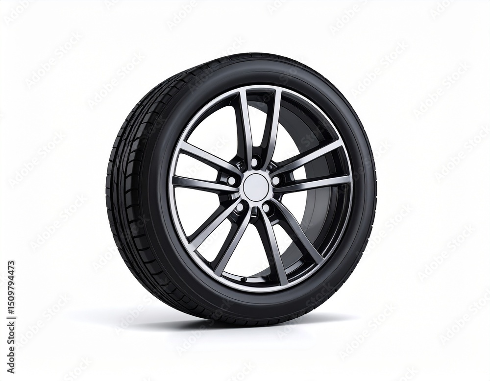 Single luxury car wheel 3D rendering, chrome rim and premium tire, side view on white background Single luxury car wheel 3D rendering, chrome rim and premium tire, side view on white background