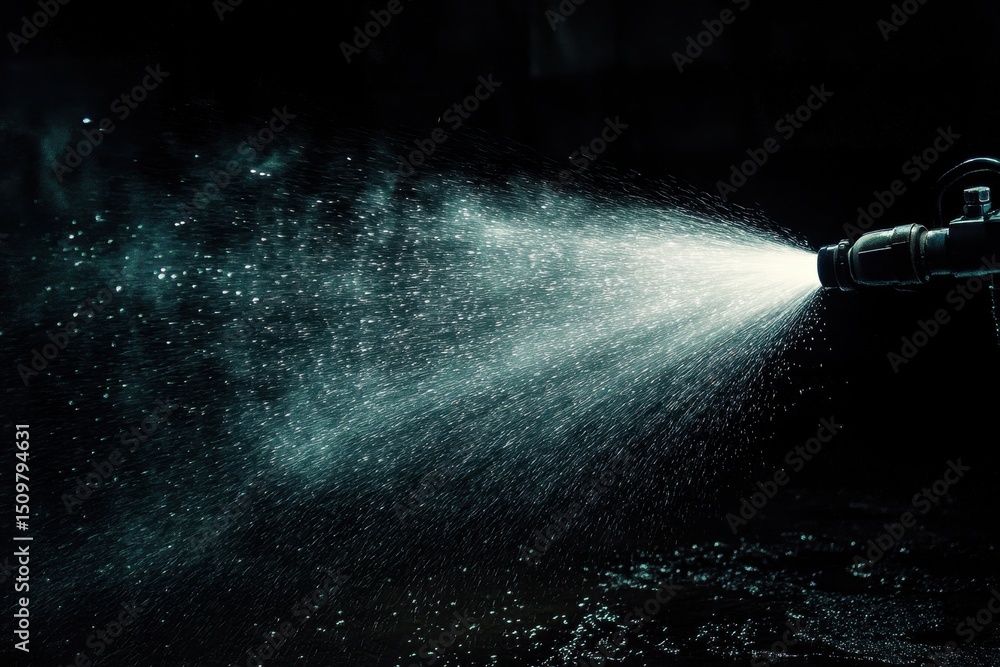 Obraz premium Water sprayer creating a mist effect in a dark environment for various applications, Water Sprayer Used In The Dark