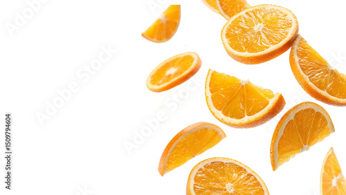 Fotografie Flying delicious orange slices cut out isolated on transparent background