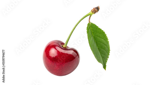 Schilderij op canvas A vibrant red  sweet cherry with green leaf isolated on transparent background