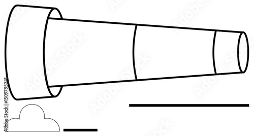 Telescopic lens pointing toward the horizon with a small cloud and horizontal lines. Ideal for exploration, vision, discovery, opportunity, observation, future planning, and a simple landing page