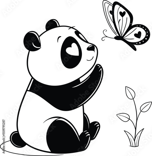panda with a flower and butterfly 