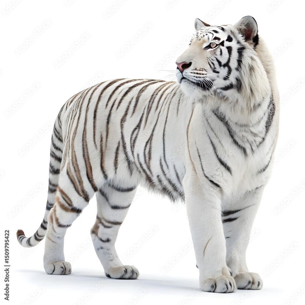 Obraz premium A stylized hyper-realistic CGI tiger standing strong with detailed fur and intense eyes.