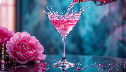 Fototapeta Naklejka Na Ścianę i Meble -   a peony martini being poured into a martini glass, creating a striking splash. Feature a clear to very pale fuchsia liquid, sit on a mirror table,