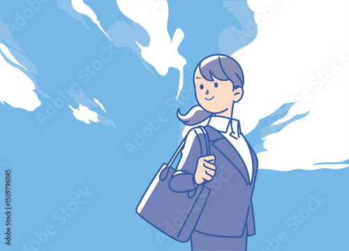 青空の下のスーツ姿の男女のイラスト