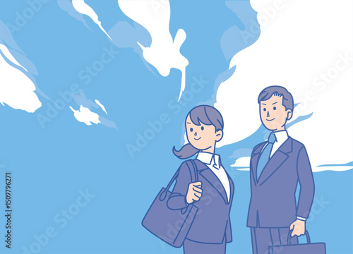 青空の下のスーツ姿の男女のイラスト