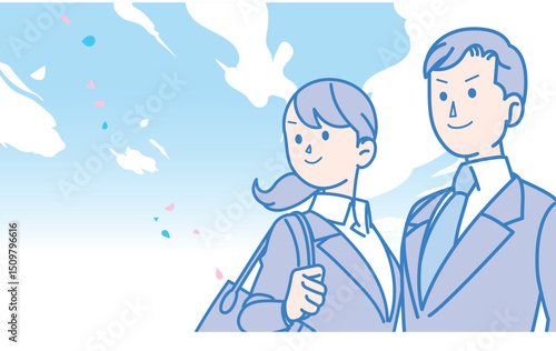 青空の下のスーツ姿の男女のイラスト