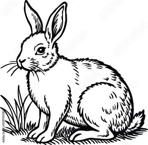 Detailed Black and White Illustration of a Seated Rabbit in Grass