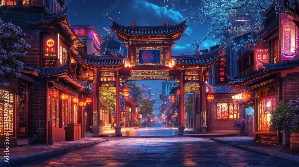 Night scene of a traditional Chinese street. Ancient, vibrant, and lit with lanterns Night scene of a traditional Chinese street. Ancient, vibrant, and lit with lanterns