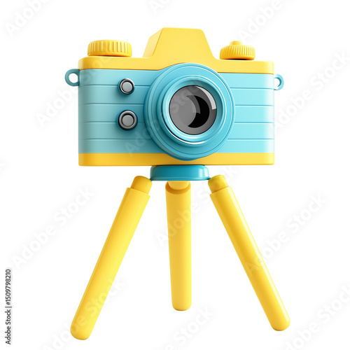 Colorful toy camera on a tripod display. PNG image, transparent background