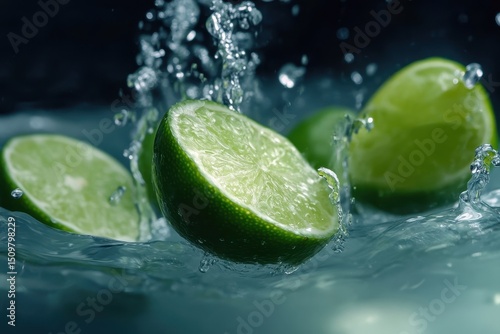 Lime slices plunge gracefully into clear water creating dynamic splashes and bubbles, Lime Slices falling deeply underwater Shot on super slow motion camera 1000 fps