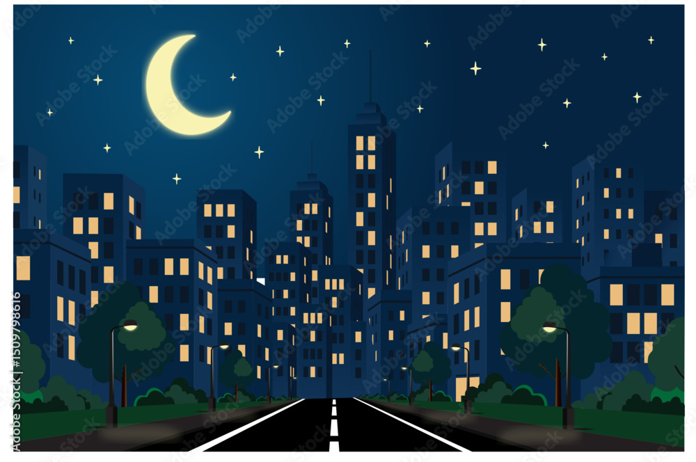 Fototapeta premium Stylized Cityscape at Night with Crescent Moon and Starry Sky