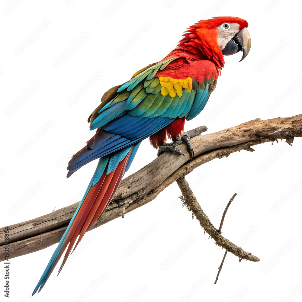 Fototapeta premium A vibrant full-body macaw parrot perched gracefully with colorful feathers and a lively posture.