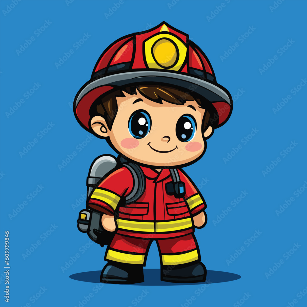 Cheerful Cartoon Firefighter in Red Uniform Ready for Action and Rescue Cheerful Cartoon Firefighter in Red Uniform Ready for Action and Rescue