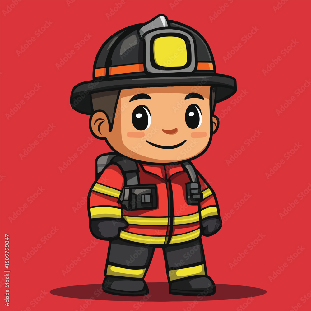 Cheerful Cartoon Firefighter in Red Uniform Cheerful Cartoon Firefighter in Red Uniform