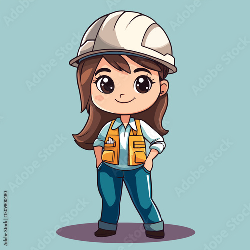 Cheerful Cartoon Girl Engineer in Hard Hat and Vest