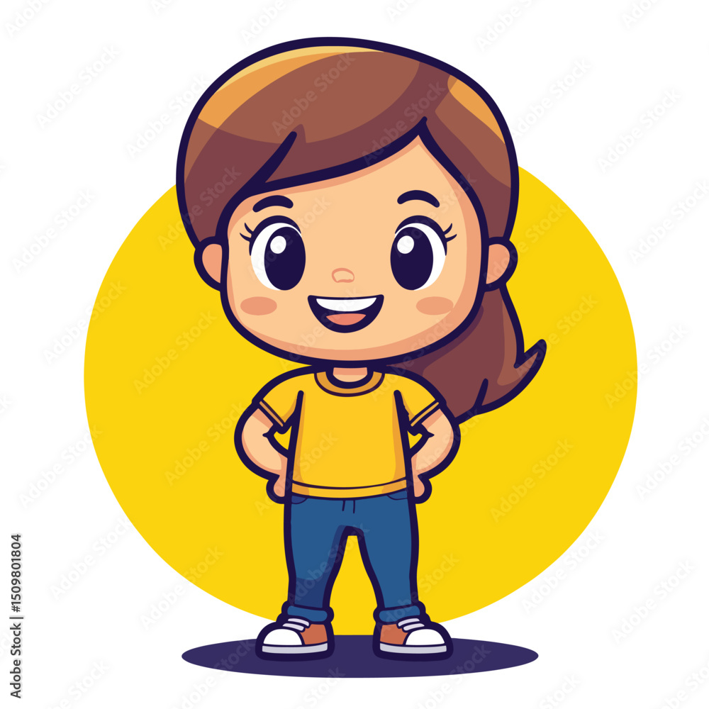 Cheerful Cartoon Girl in Yellow Shirt and Blue Jeans Cheerful Cartoon Girl in Yellow Shirt and Blue Jeans