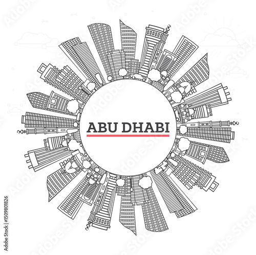 Outline Abu Dhabi United Arab Emirates City Skyline with Modern Buildings and copy space Isolated on White. Illustration. Abu Dhabi Cityscape with Landmarks.