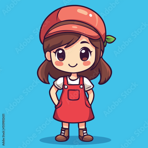 Cheerful Cartoon Girl Wearing Red Overalls and Matching Hat Smiling