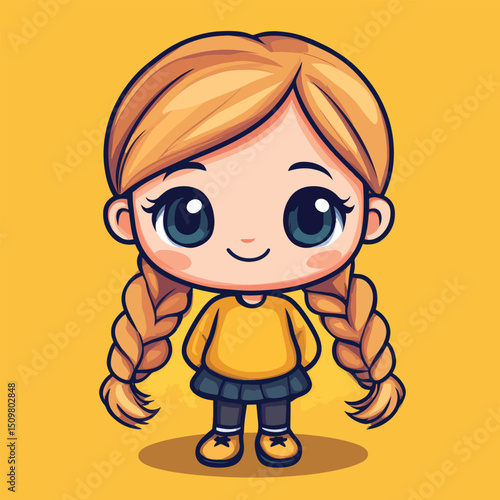 Cheerful Cartoon Girl with Blonde Braids and Yellow Outfit