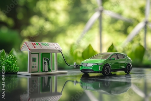 Green hydrogen gas production at wind farm. Sustainable renewable energy. Electric car filling H2 at hydrogen fueling station. H2 Fuel cell vehicle. Net zero emission. Future energy. Green