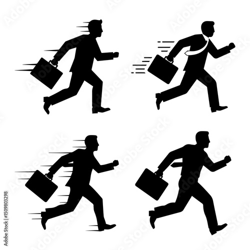 Business People Running with Briefcases Silhouette Vector Isolated on Transparent Background