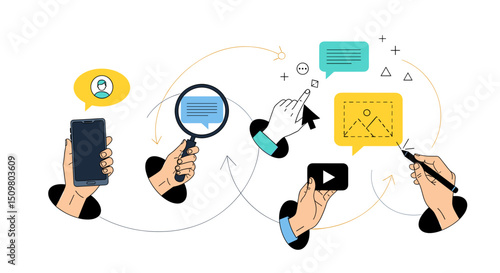 Vector hands holding devices and icons connected by curved lines in a stylized illustration style design