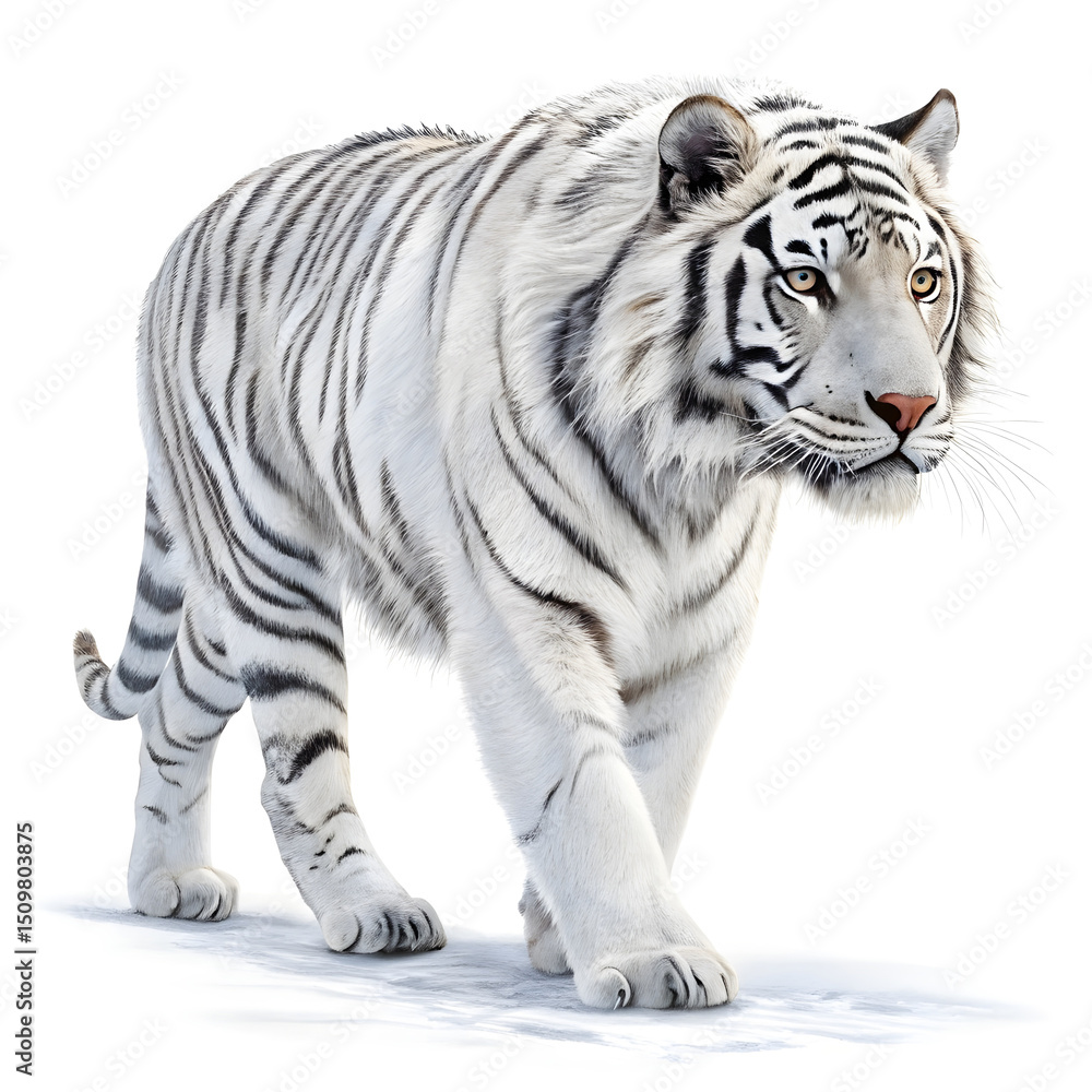 Obraz premium A walking Siberian tiger in full side view with flawless fur detail and powerful stride.