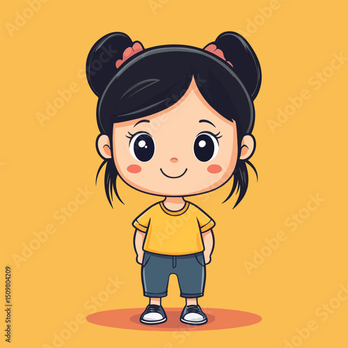 Cheerful Cartoon Girl with Topknots and Yellow Shirt