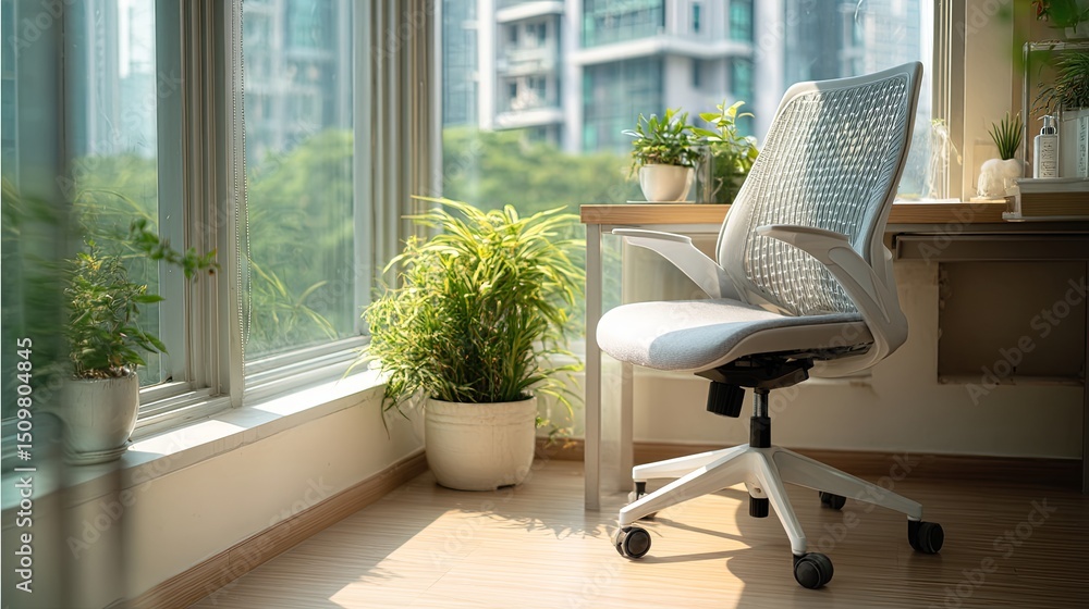 Fototapeta premium Modern minimalist office corner featuring ergonomic chair and green potted plant with natural daylight, clean lines, and neutral tones. Ideal workspace with simple interior design concept.