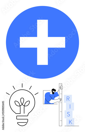 Large blue plus symbol, lightbulb as idea concept, figure measuring stacked RISK blocks. Ideal for productivity, planning, creativity, innovation, strategy, teamwork simple landing page