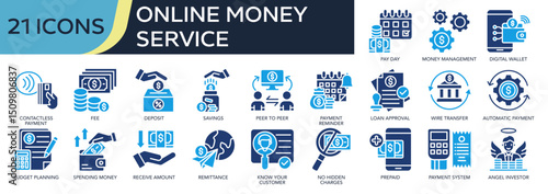 Collection of Online Money Service icons, related to money management, angel investor, budget planning, savings, deposit and more. Solid icons vector illustation.
