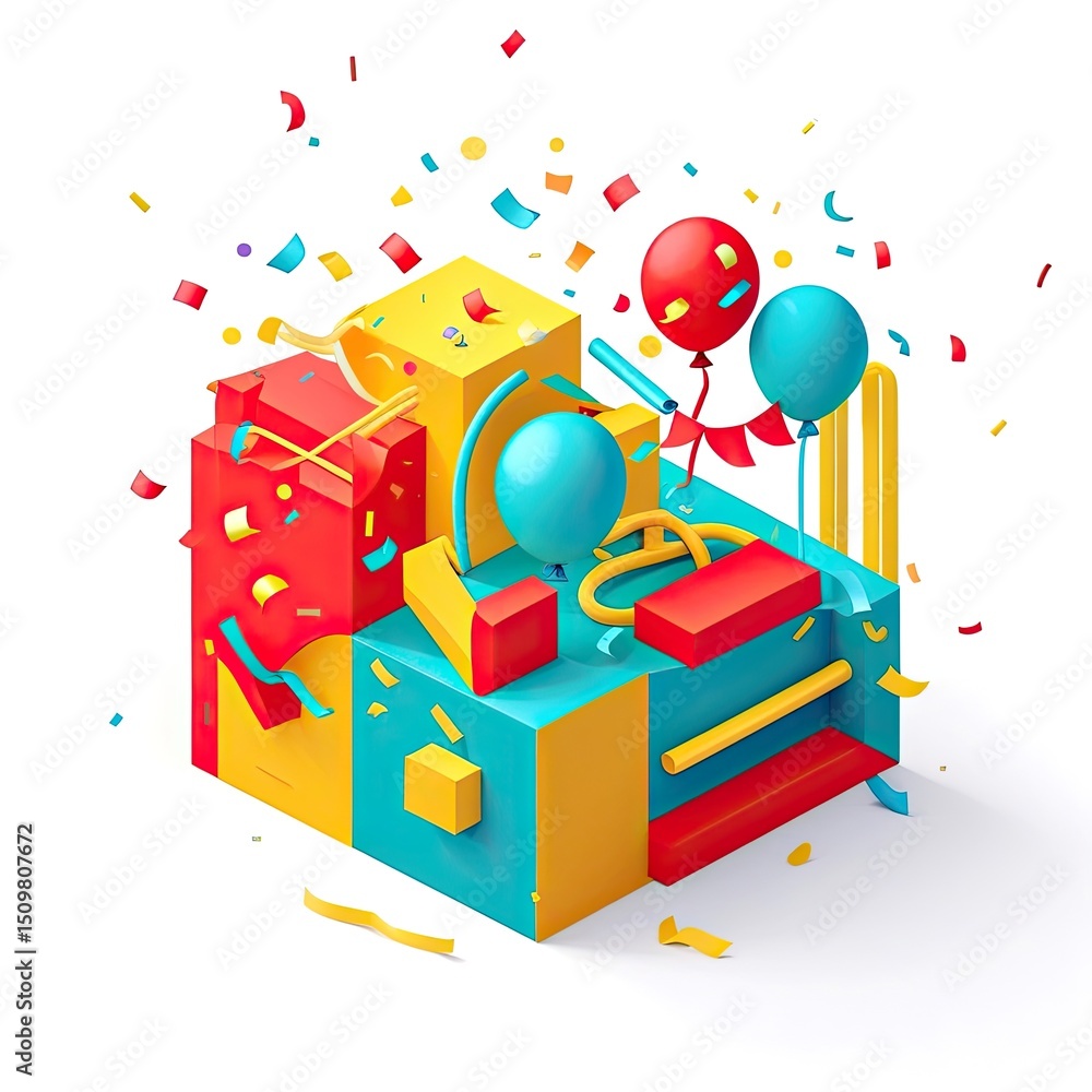 Fototapeta premium A vibrant isometric celebration with colorful building blocks and balloons.
