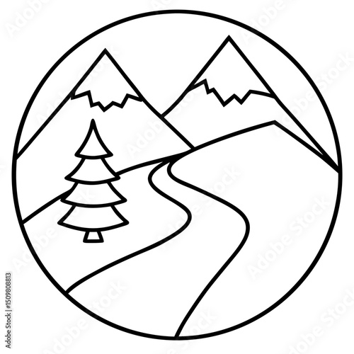 Hiking path in mountain view line art vector illustration 