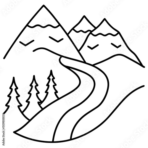 Hiking path in mountain view line art vector illustration 
