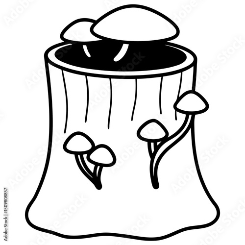 Hollow tree stump with mushroom line art vector illustration 
