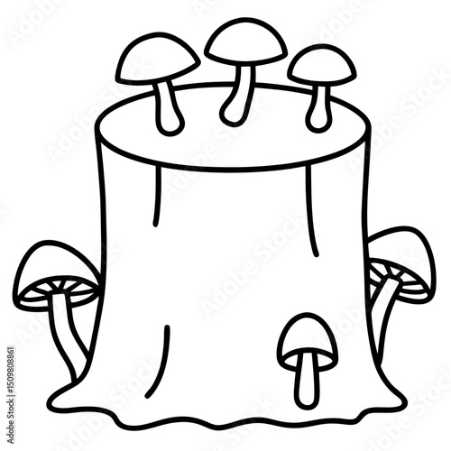 Hollow tree stump with mushroom line art vector illustration 