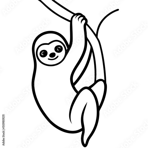 Sloth hanging from tree line art vector illustration